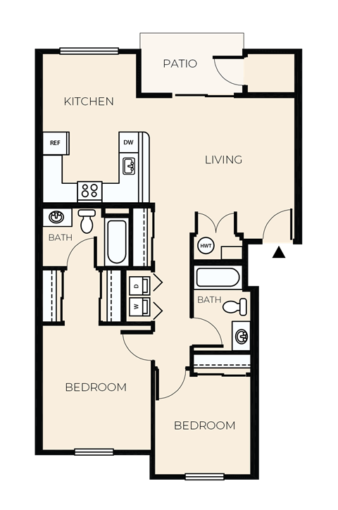 Floor plan for 2 beds, 2 baths, 973 sqft
